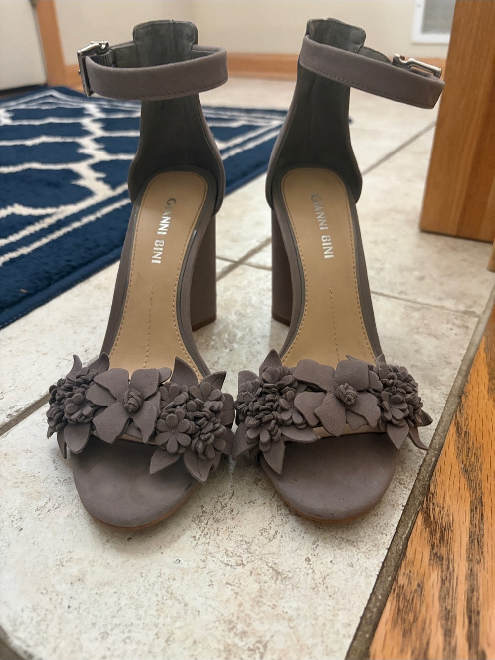 Gianni Bini Grey-Taupe Suede Floral Ankle-Strap Block Heels